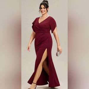 Burgundy V-Neck Maxi Dress, Tulip Sleeves, Adjustable Side Slit Sz 16